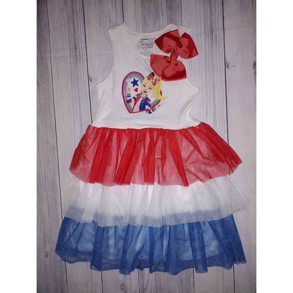 JoJo Siwa Girls Patriotic Red White Blue Tulle Tutu Dress Size L 10/12 Bow
